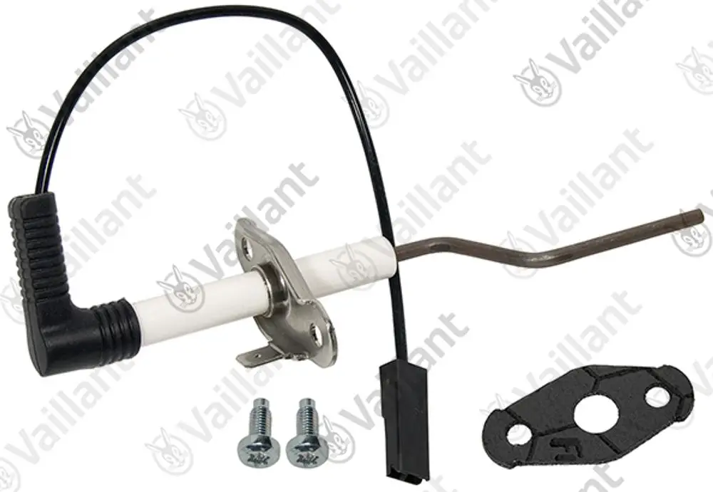 Vaillant Elektrode mit gebogenem Metallarm, Kabelanschluss und Montageplatte. Enthalten sind zwei Schrauben zur Befestigung.